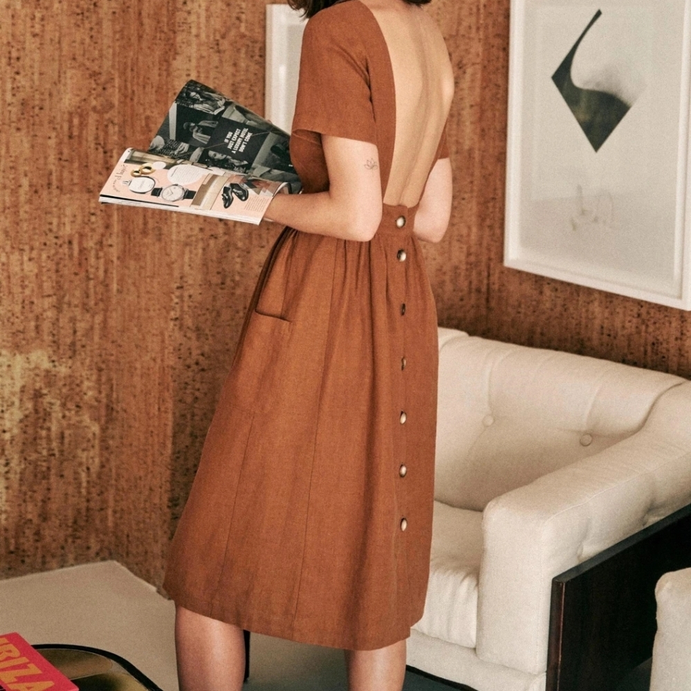 Sezane Rustic Brown Open-Back Midi Dress